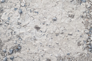 Close up of grey cracked concrete sideway with small stones