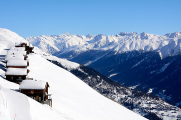 Fiescheralp car free resort in Bernese Alps situated above Fiesch 2,212 metres, Fiesch village seen...