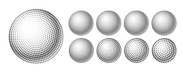 Vector set of black and white halftone spheres from dots