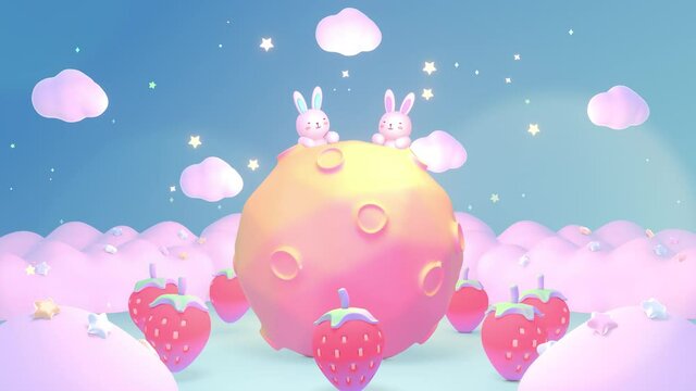 Looped kawaii bunnies sleeping on the strawberry moon animation.