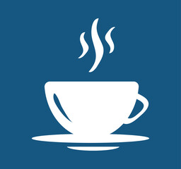 A cup of coffee . Hot drink, restaurant, cafe icon. White silhouette on a blue background. Morning drink: espresso, mocha, cappuccino. Vector