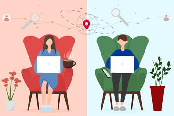 concept of communication in social networks. Female and male characters are sitting in an easy chair with a laptop in their hands in different rooms and places. Cozy vector illustration in flat style