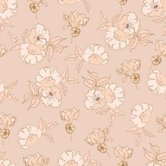 vector seamless pattern flowers with leaves. Botanical illustration for wallpaper, textile, fabric, clothing, paper, postcards