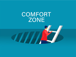 Businessman out from the hole comfort zone concept. vector illustration.