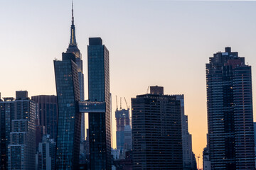 Manhattan cityscape skyline close up during sunset.