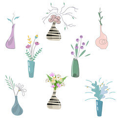 Isolated decorative home decor items. Graceful vases with flowers and plants. Illustration in pastel colors. Vector interior design. Set of potted flowers and vases with branches.