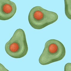 Avocado seamless pattern. Tropical background with exotic fruit. Healthy food illustration. Organic, vegan, raw food. Drawing for posters, menu, cards, background 