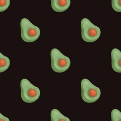 Avocado seamless pattern. Tropical background with exotic fruit. Healthy food illustration. Organic, vegan, raw food. Drawing for posters, menu, cards, background 