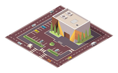 Obraz premium Isometric supermarket or grocery store building and street. isometric icon or infographic element representing mall building with parking lot. 3D shop market for city infrastructure