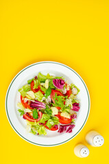 Light dietary vegetarian salad in plate on bright background. Healthy lifestyle concept