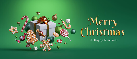 3d render, Merry Christmas greeting card with golden text and gift box with ornaments, isolated on green background. Festive horizontal banner