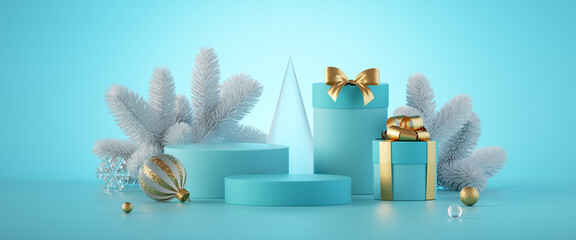 3d render. Abstract scene with Christmas ornaments and gift boxes, isolated on mint blue...