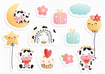 Baby cow birthday, baby cow element, papercut style. 