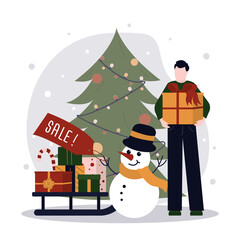 Happy man holding Xmas present. Cartoon guy hold holiday gift. Concept of celebrating new year and christmas. Young adult with purchase for event