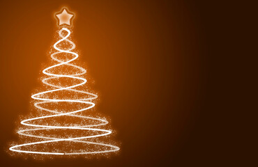Fondo naranja con árbol de navidad iluminado.