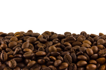 Roasted coffee beans with white space for copy space.