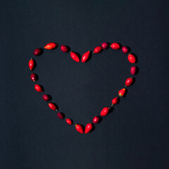 Creative heart shape made of red berries. Flat lay, top view. Nature composition with copy space. Love   concept.