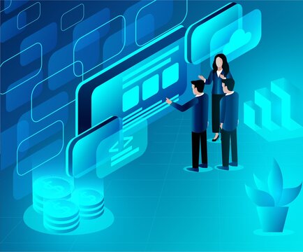Corporate Project discussion isometric futuristic technological vector illustration