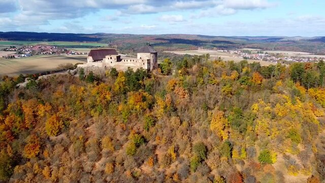 Aerial view of czech castle Tocnik in autumn time in Czech republic