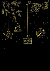 new year card in a minimalistic style. Christmas gold toys  on a black background