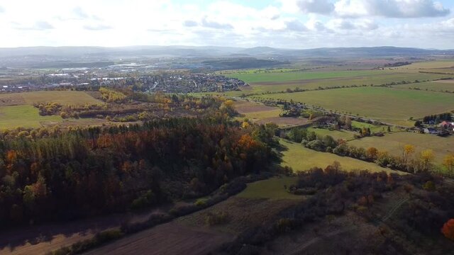 Aerial view of rural landscape near castle Tocnik in autumn time, Czech republic