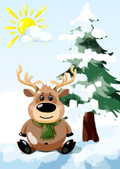 Deer funny personage illustration with it natural environment