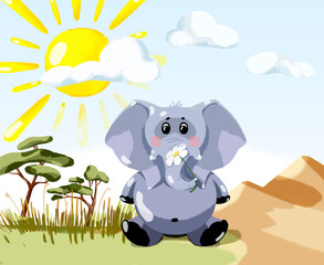 Elephant funny personage illustration with it natural environment on background