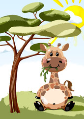 Giraffe funny personage illustration with it natural environment on background