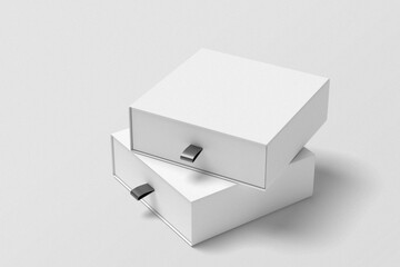 Sliding drawer box mockup. Package cardboard with black ribbon.