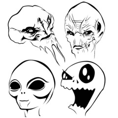 vector image of 4 alien heads with different races.
