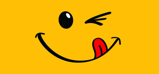Yummy smile with tongue lick mouth. World smile day or month Food logo. Funny vector laugh cartoon comic sign. Delicious, tasty eating emoji lip face.