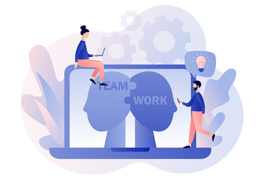 Teamwork online. Business concept. Human heads puzzle. Mutual understanding. Knowledge, psychology, memory, logic. Mental health. Modern flat cartoon style. Vector illustration on white background