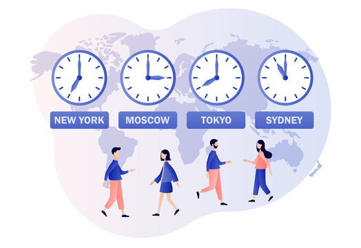 Time zones. International time and date. Clocks showing local timezone. Tiny people business worldwide. Modern flat cartoon style. Vector illustration on white background