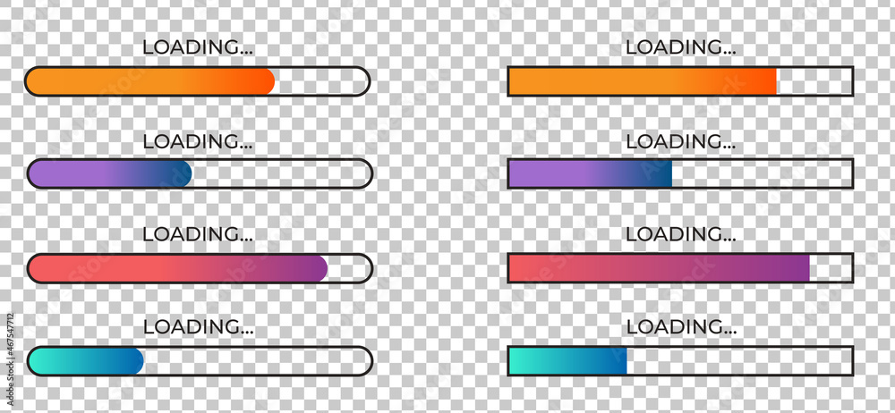Poster loading bar set on transparent background. progress colour gradient bar collection. web design eleme