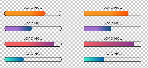 Loading bar set on transparent background. Progress colour gradient bar collection. Web design elements. Vector illustration