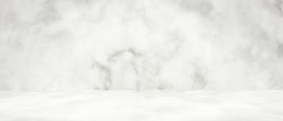 3Dレンダリング／3Dイラスト）大理石風の白くて明るい抽象的背景　横長バナー　壁と床　展示　シンプル　ミニマル　空きスペース