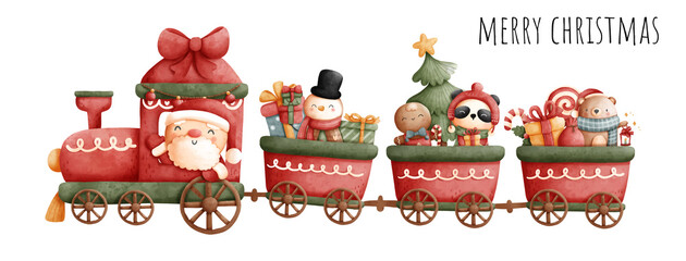 Santa and friends on the train, Christmas train - obrazy, fototapety, plakaty
