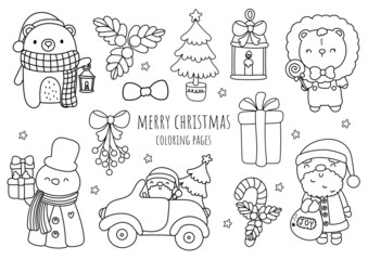 Christmas woodland animal doodle, outline and coloring pages