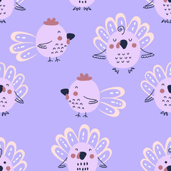 Hand drawn seamless pattern with turkeys and roosters. Perfect for T-shirt, postcard, textile and print. Cartoon style vector illustration for decor and design.
