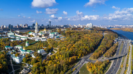 Kyiv city traffic landscape at the autumn aerial view