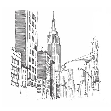 Architecture sketch illustration. Travel sketch of New York, USA. Liner sketches architecture of the street. Freehand drawing. Sketchy line art drawing with a pen on paper.