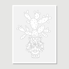 Traditional Sicilian vase with moor head and cacti, prickly pear in black and white. Vector illustration. Italy, Sicily. Abstract Art design for print, cover, wallpaper, Minimal and natural wall art