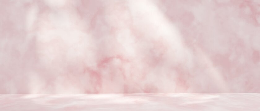 3Dレンダリング／3Dイラスト）ピンクの大理石風の明るい抽象的背景　春の横長バナー　ナチュラル　展示　シンプル　ミニマル　空きスペース　