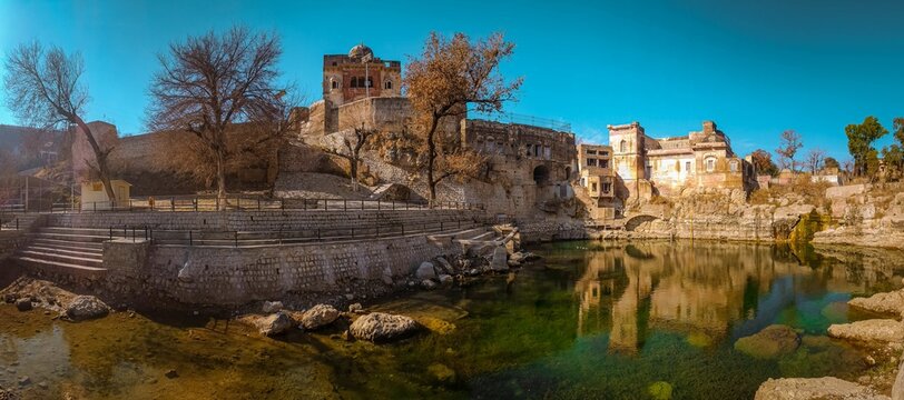 Choa SaidanShah, Chakwal, Pakistan - December, 29, 2019: Shri Katas Raj is a complex of several Hindu temples and  a pond named Katas which is sacred to Hindus. The site is almost 5000 years old!