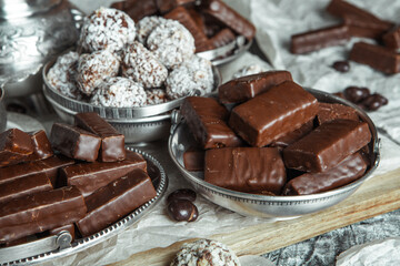 Assortment of delicious chocolate candies background. Chocolate candy isolated 