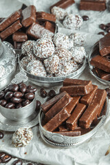 Assortment of delicious chocolate candies background. Chocolate candy isolated 