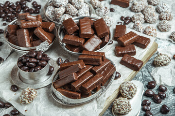 Assortment of delicious chocolate candies background. Chocolate candy isolated 