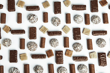 Assortment of delicious chocolate candies background. Chocolate candy isolated 