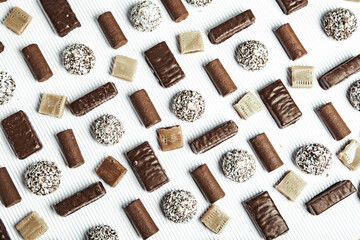 Assortment of delicious chocolate candies background. Chocolate candy isolated 