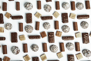 Assortment of delicious chocolate candies background. Chocolate candy isolated 